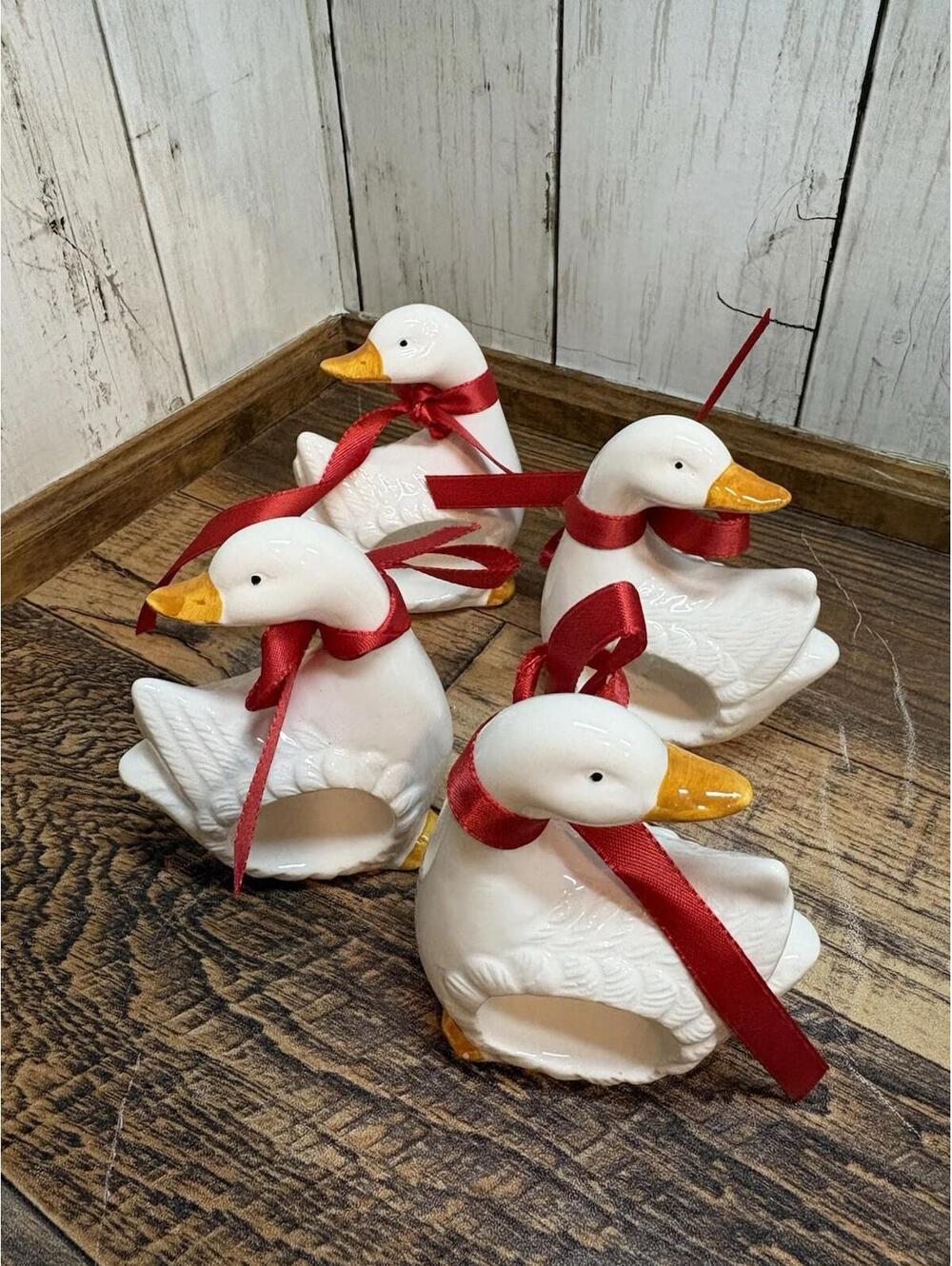 Ceramic White Duck Goose Napkin Rings Set of 4 Farmhouse Country Vintage Decor
